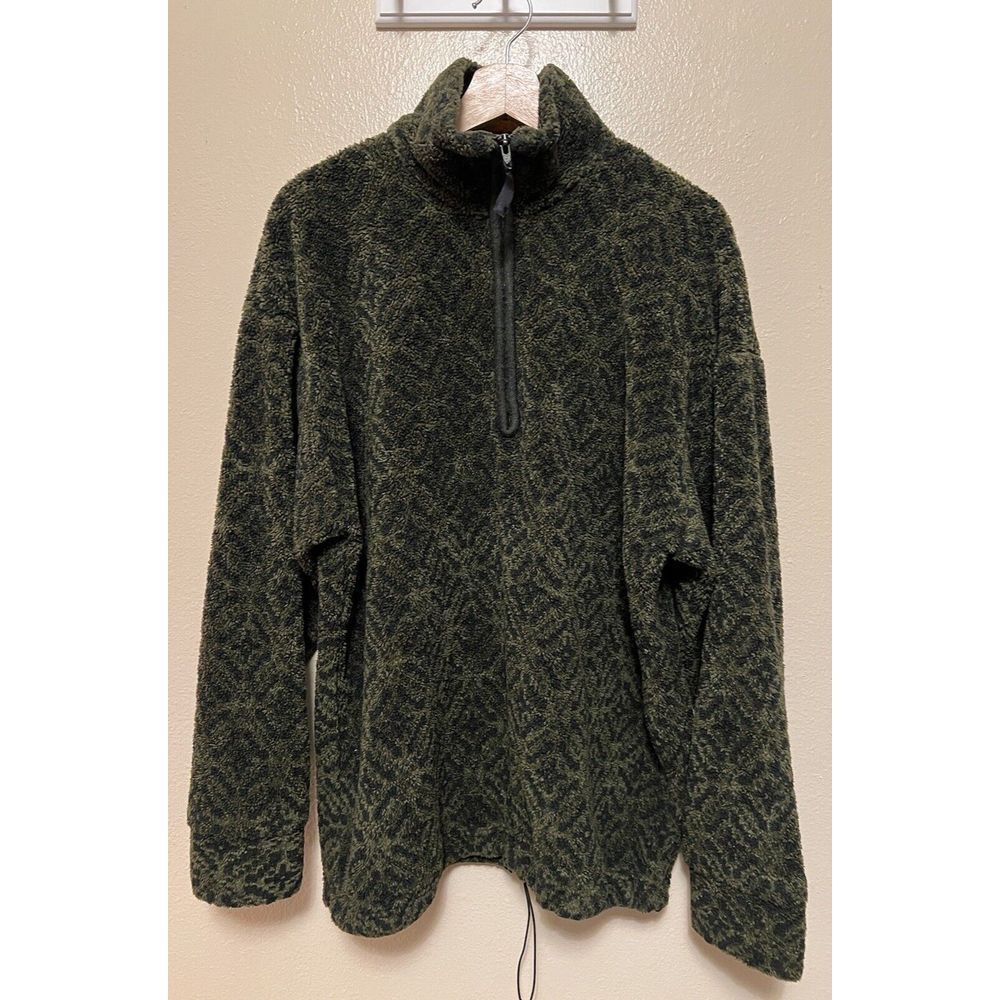 LAKSEN 1/4 Zip Pullover Sweater Mens Green‎ Black Jacquard Deep Pile Fleece 2XL